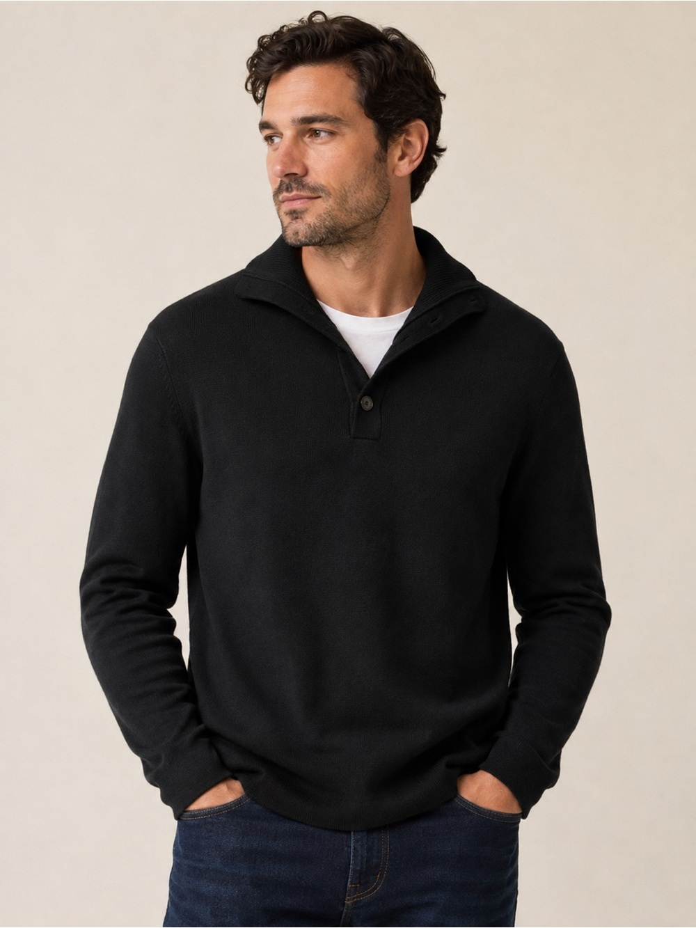 Banana Republic Silk Cashmere Button Mock Neck Sweater | Black | Men’s Medium